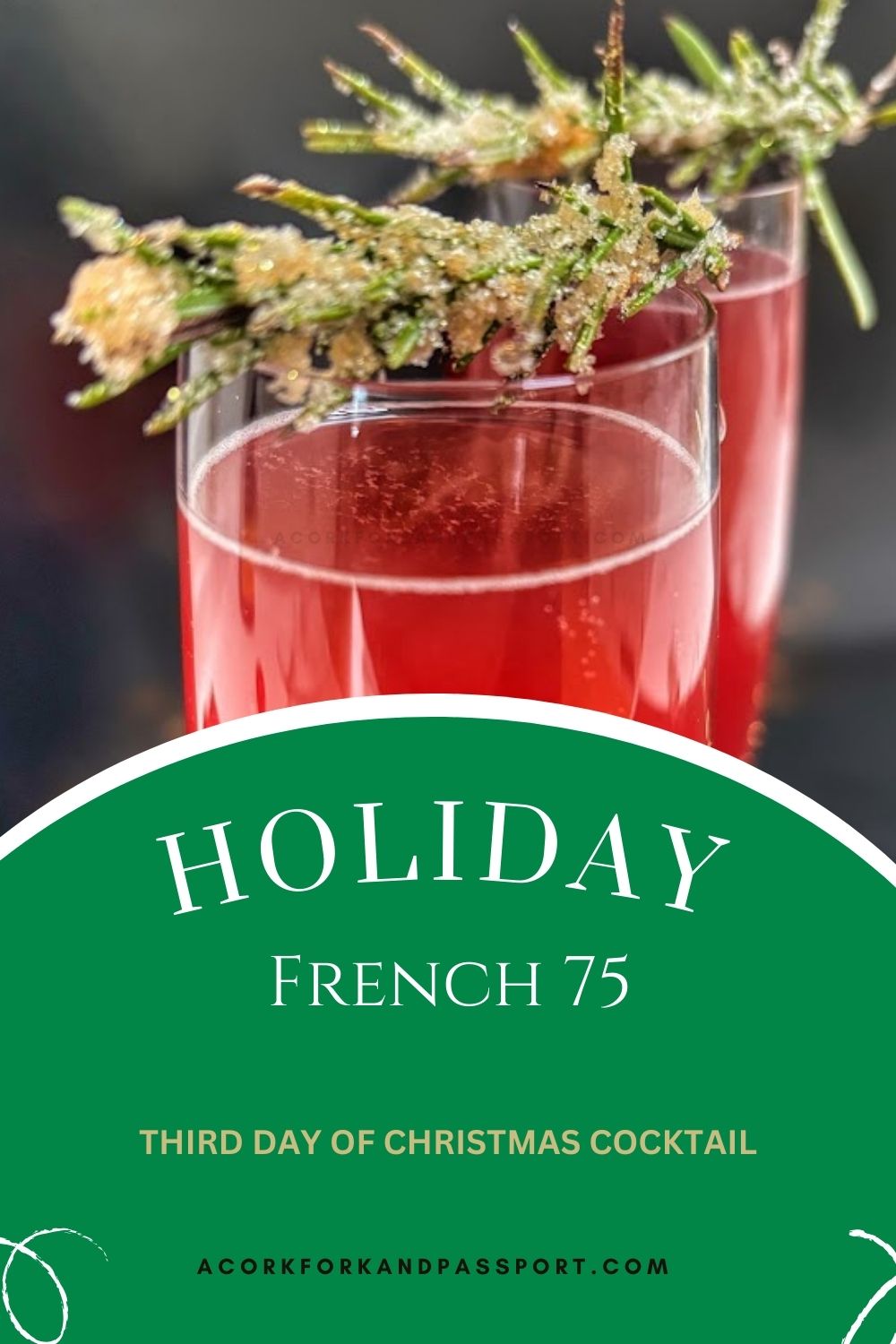 A refreshing holiday cocktail made with gin, pomegranate juice, lemon juice, and prosecco, garnished with frosted rosemary.