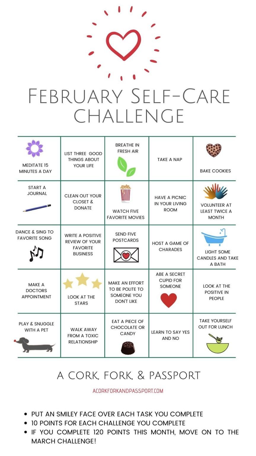 February SelfCare Challenge For Women A Cork, Fork, & Passport